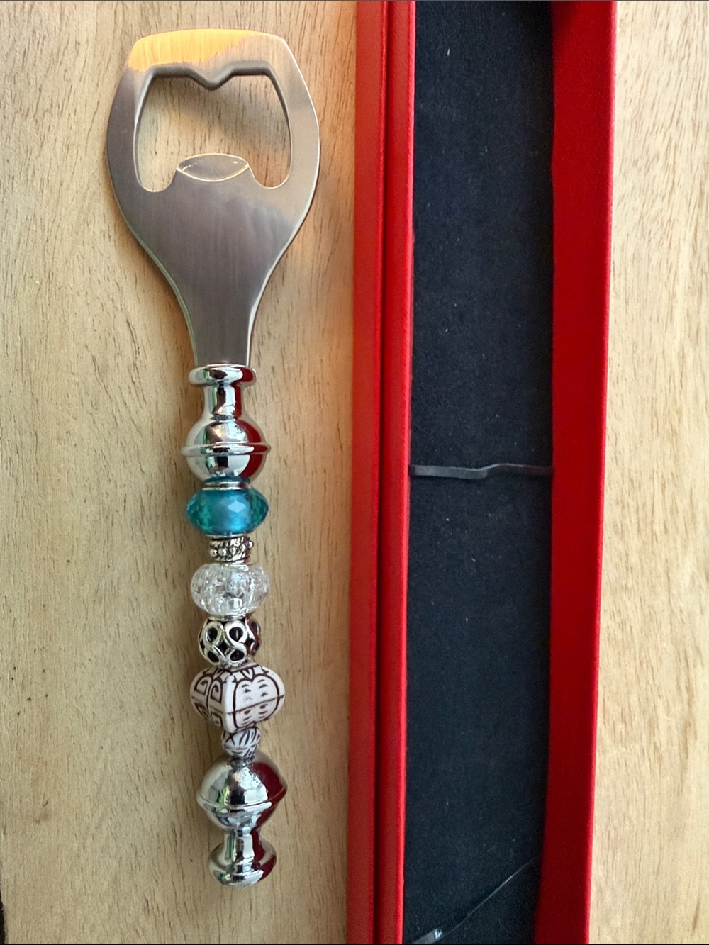 Beaded Silver-Tone Bottle Opener with Turquoise and White Beads